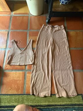 Saints Ribbed Wide-Leg Pants & Crop Tank Top — Beige